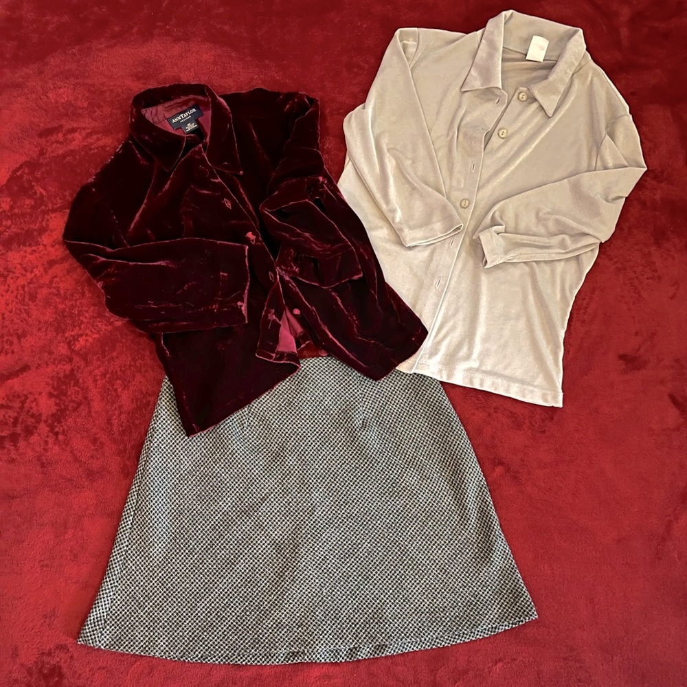 BUNDLE, Ann Taylor Velvet Top, Plaid Skirt, and silver button Up